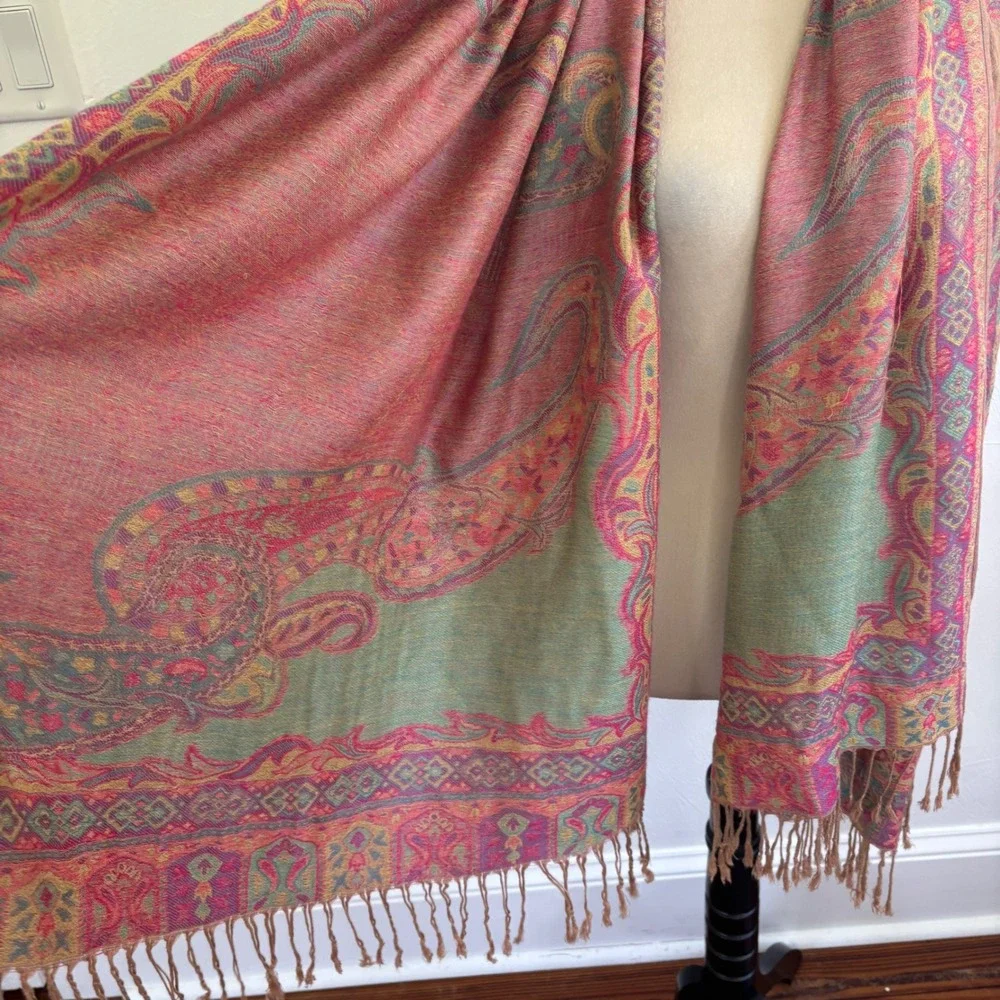 100% Cashmere Reversible Paisley Print Scarf Shawl Wrap Fringe Festival Boho